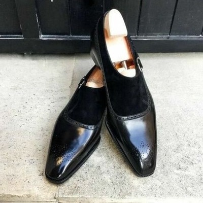 Handmade Men Black Calf Suede Leather Monk Strap Dress Shoes