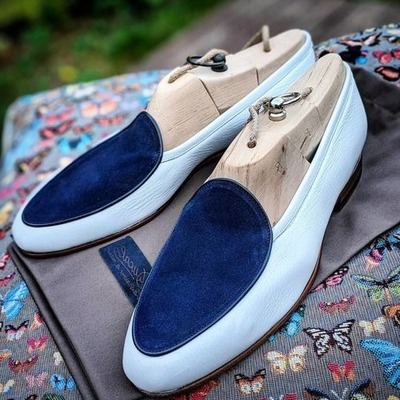 Handmade men white blue suede leather moccasin loafers dress shoes - Thumbnail 2