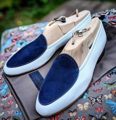 Handmade Men White Blue Suede Leather Moccasin Loafers Dress Shoes