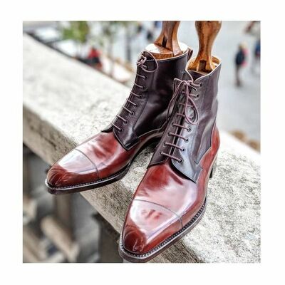 Handmade Men Genuine Leather Ankle High Lace Dress Boot