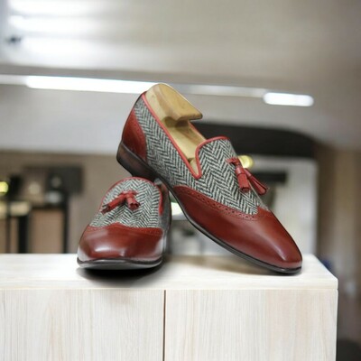 Men's Handmade Burgundy Tweed Leather Loafer Shoes