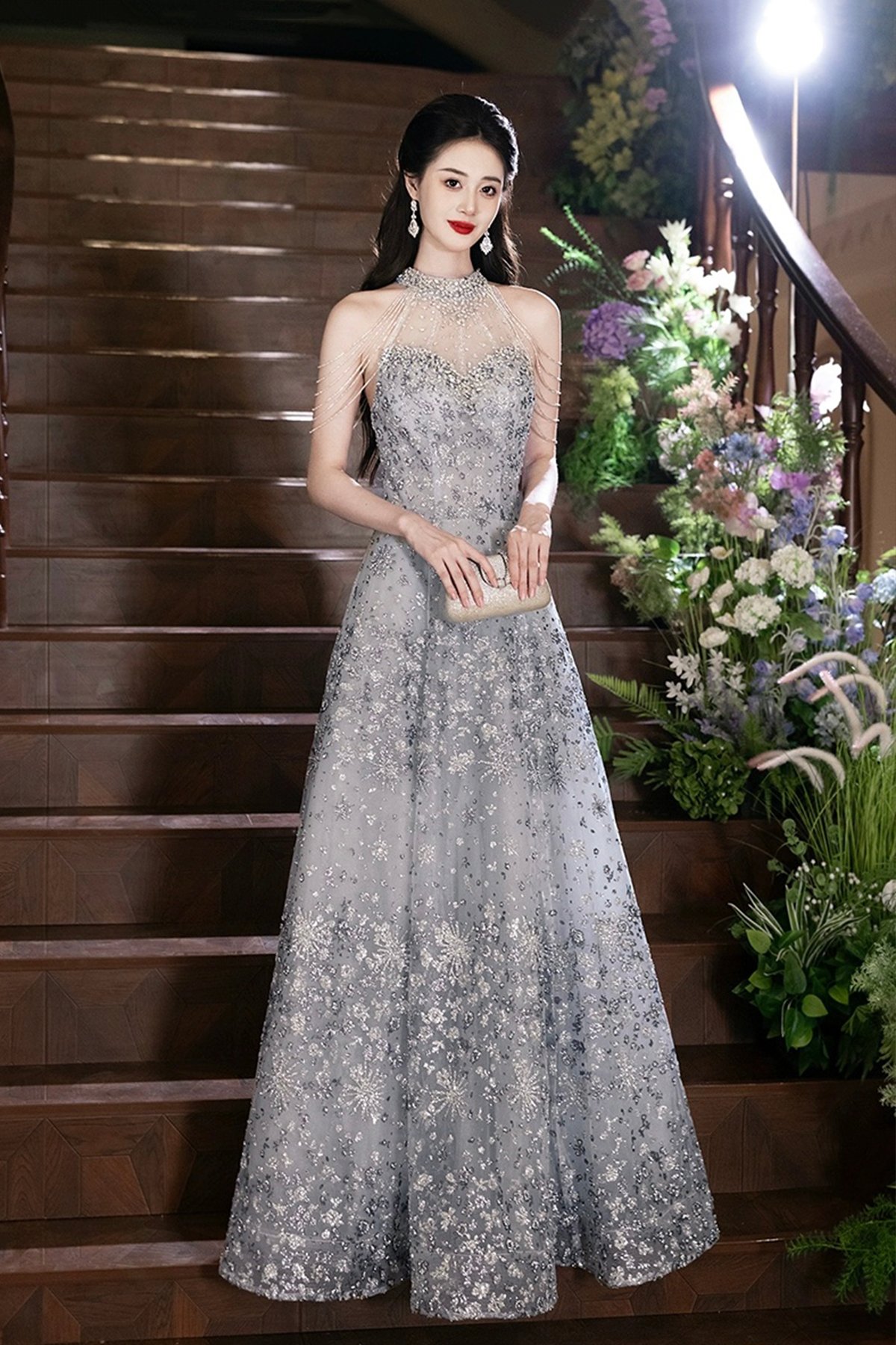 Elegant Gray Tulle Sequins Long Prom Party Dress