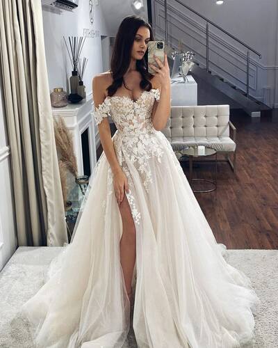 A-line Off the Shoulder Appliques Tulle Wedding Dress Bridal Gown Wedding Gown