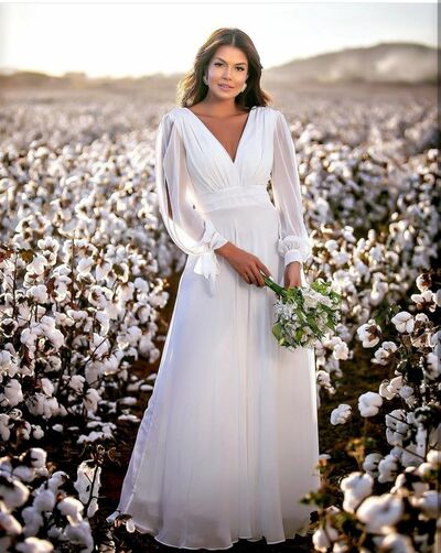 Simple A Line Long Sleeve V Neck Chiffon Beach Boho Wedding Dress Bridal Gown Wedding Gown