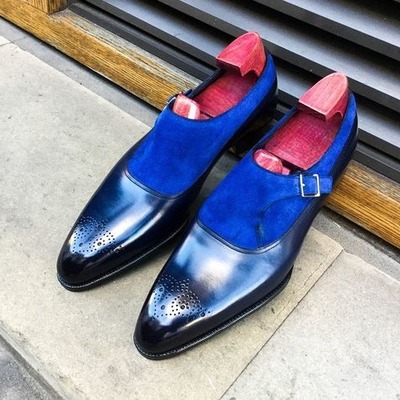 Handmade Men Blue Calf Suede Leather Dress Shoes