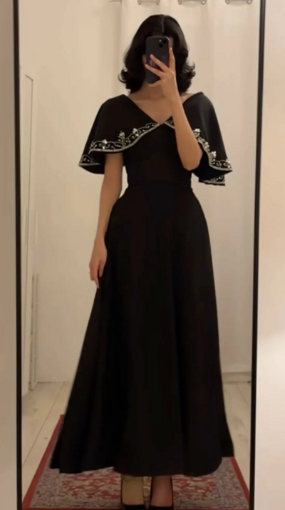 Beautiful Black A Line Floor Length Stain Prom Dresses