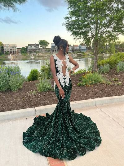 African Girls Sheath Sequins Lace White Appliques Prom Dress Formal Evening Dresses
