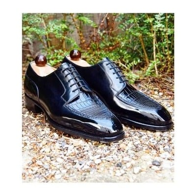 Handmade Men Black Calf Crocodile/Alligator Leather Oxford Dress Shoes