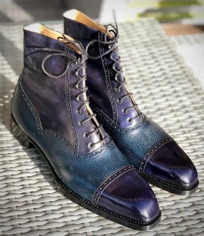 Handmade Men Blue Patina Grain Leather Ankle High Dress Boot