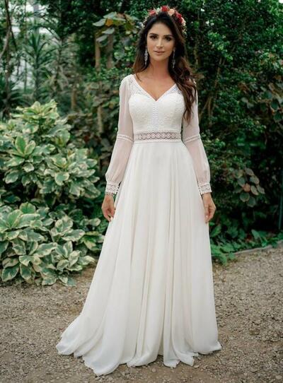 Simple A Line Lace Long Sleeve Wedding Dress Bridal Gown Wedding Gown