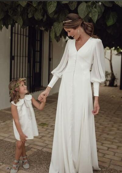 Simple A Line Chiffon Long Sleeve Wedding Dress Bridal Gown Wedding Gown