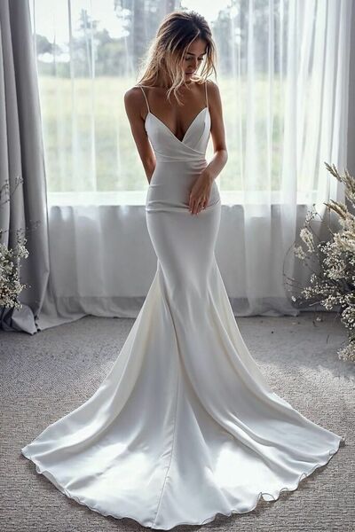 Simple Sexy Mermaid Satin Wedding Gown, Bridal Gown Wedding Dress