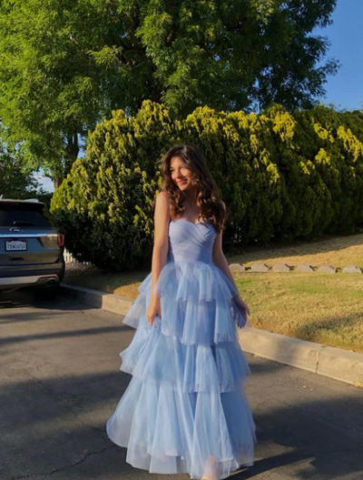 Popular Sweetheart Blue A-line Tulle Long Party Dresses