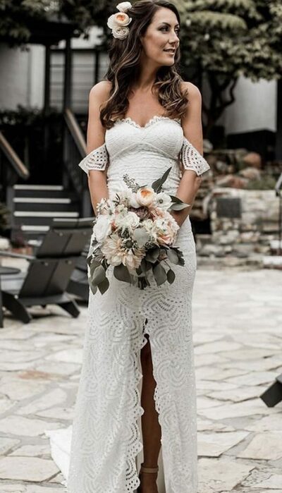 Simple Mermaid Lace Off the Shoulder Beach Boho Wedding Dress Bridal Gown Wedding Gown