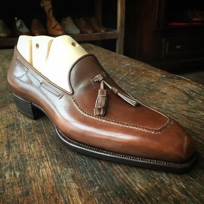 Men Brown Leather Tassel Loafers Dress Shoes
