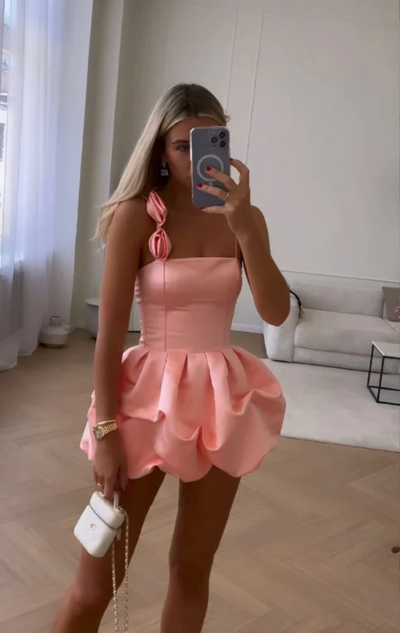 Cute Straps Pink Ruffles Short Homecoming Dresses