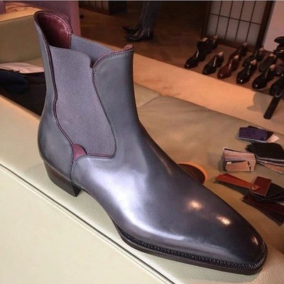 Handmade Men Gray Calf Leather Chelsea Dress Boot