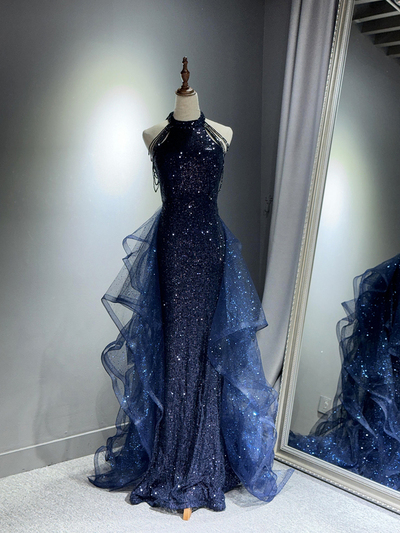 Navy Blue Sequins Long Prom Party Dress,1087