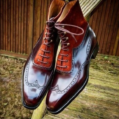 Handmade men brown patina suede leather ankle high lace up wingtip dress boot - Thumbnail 1