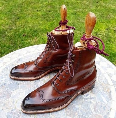 Handmade Men Brown Patina Leather Ankle High Wingtip Dress Boot
