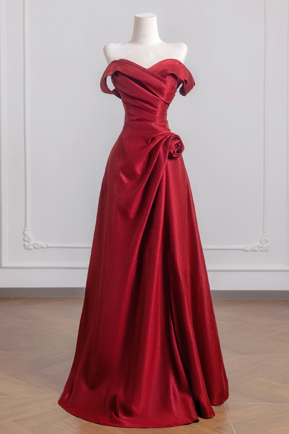 Burgundy Satin Long Prom Dress, Off the Shoulder A-Line Party Dress