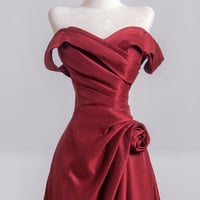 Burgundy Satin Long Prom Dress, Off the Shoulder A-Line Party Dress - Thumbnail 1
