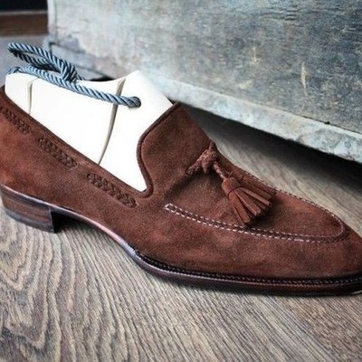 Men brown suede leather tassel loafers dress shoes - Thumbnail 4