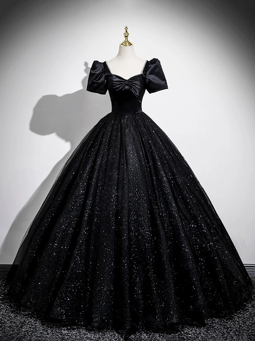 Black Satin and Glitter Tulle Long A-Line Prom Party Dress
