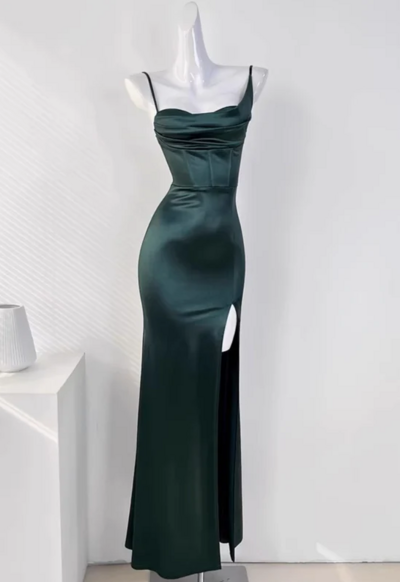 Sexy Sleeveless Green Satin Long Prom Dresses