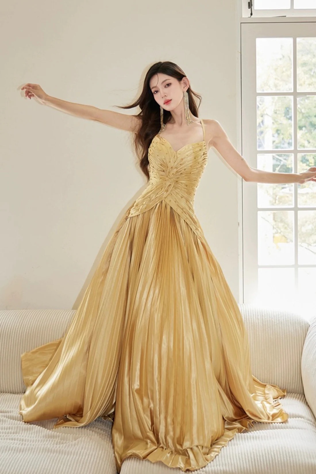 Gold Satin Long A-Line Spaghetti Strap Evening Party Dress