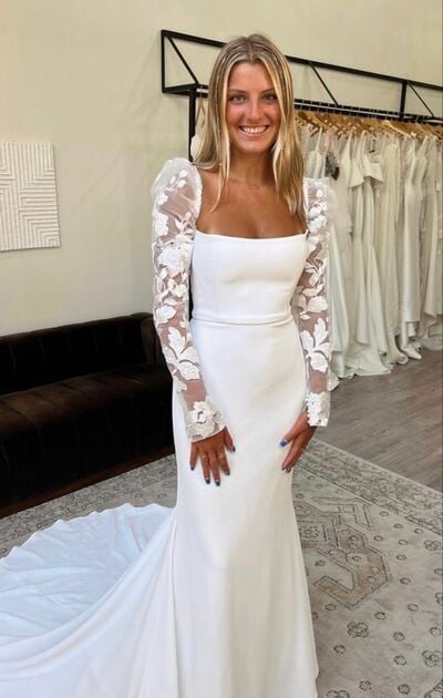 Simple Mermaid Lace Long Sleeve Beach Boho Wedding Dress Bridal Gown Wedding Gown