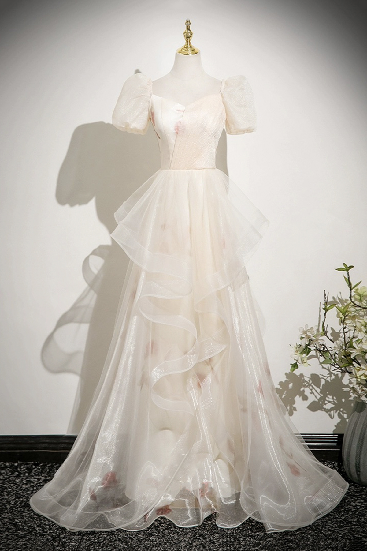 Champagne Tulle Printed Long Prom Dress, Beautiful A-line Party Dress