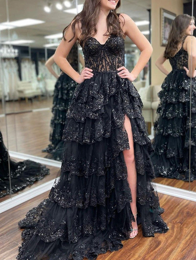 Women's Sweetheart Lace Prom Dresses Long Appliques Evening Gowns Side Slit Formal Party Dress,1090