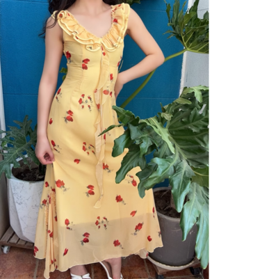 Holiday style casual rose floral print waist fishtail dress