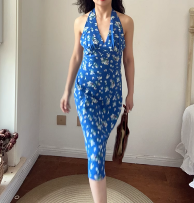 Holiday style sexy V-neck halter neck print dress