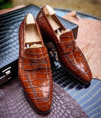 Handmade Men Brown Crocodile Leather Moccasin Loafers Alligator Formal Dress Shoes