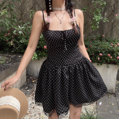 Sexy Polka Dot Lace Bowknot Suspender Dress