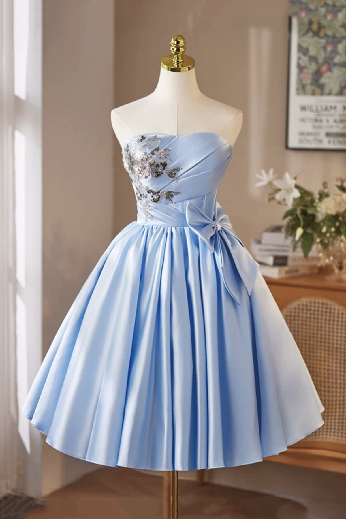 Blue Satin Short A-Line Strapless Prom Party Dress