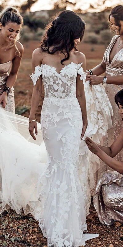 Simple Sheath Off the Shoulder Lace Beach Boho Wedding Dress Bridal Gowns