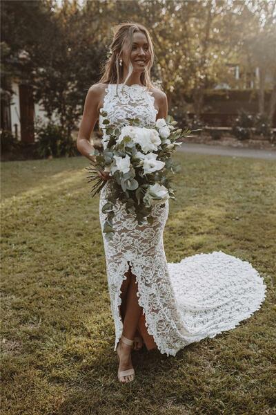 Boho Wedding Dresses for Women Mermaid Slit Backless Lace Bohemian Bride Gowns Marriage Dresses Beach Vestidos De Novia,1091