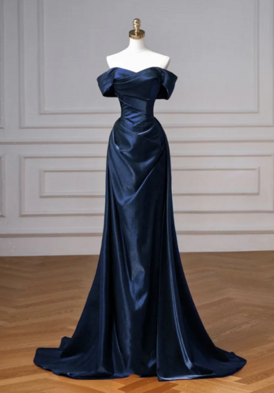 Navy Satin Long Prom Dress, Elegant Off the Shoulder Party Dress,1093