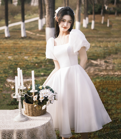 White tulle short A line prom dress homecoming dress,1098