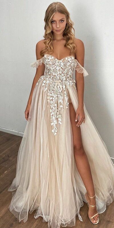 Simple A Line Off the Shoulder Lace Appliques Beach Boho Wedding Dress Bridal Gowns