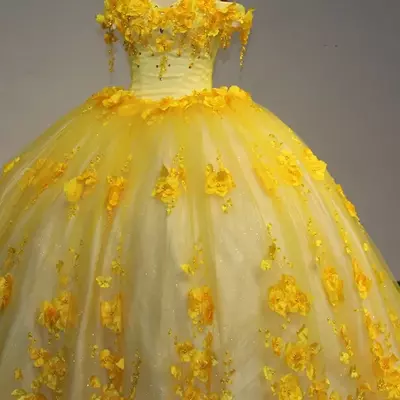 Off the shoulder yellow quinceanera dress with flowers for sale - Thumbnail 1