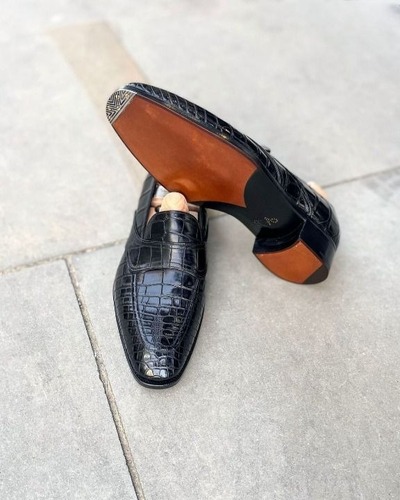 Handmade Men Black Crocodile/Alligator Leather Dress Shoes