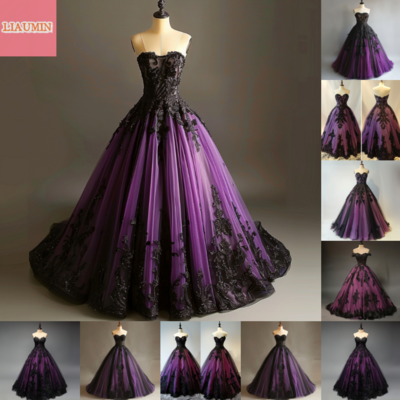 Fashion Purple and Black Lace Applique Sweetheart Strapless Ball Gown Full Length Evening Formal Party Prom Dress,1909
