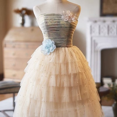 Lovely tulle pearl a-line strapless evening party dress - Thumbnail 1