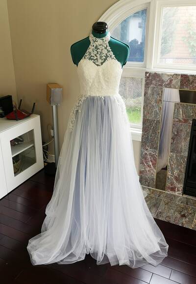 Open Back Lace Wedding Dresses Blue Tulle Wedding Gowns A Line Boho Bridal Dress with Court Train,1104