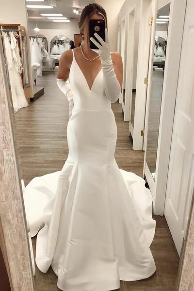 Mermaid Sexy Deep V-neck Wedding Gown, Satin Bridal Gown Wedding Dress