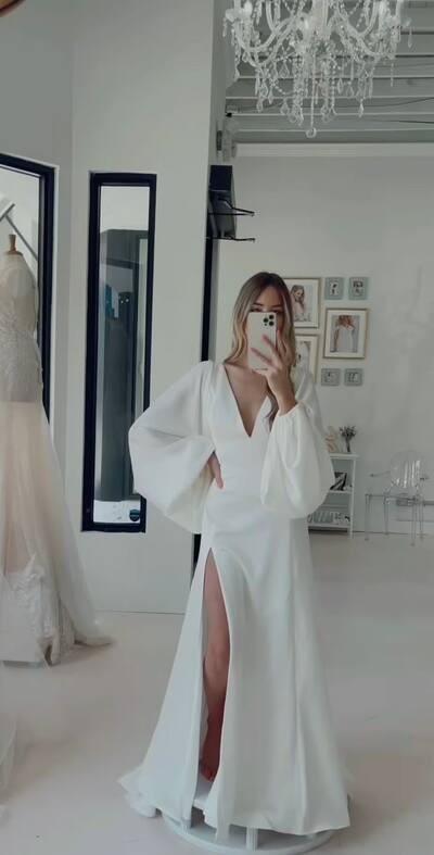 Simple A Line Long Sleeve V Neck Beach Boho Wedding Dress Bridal Gown Wedding Gown